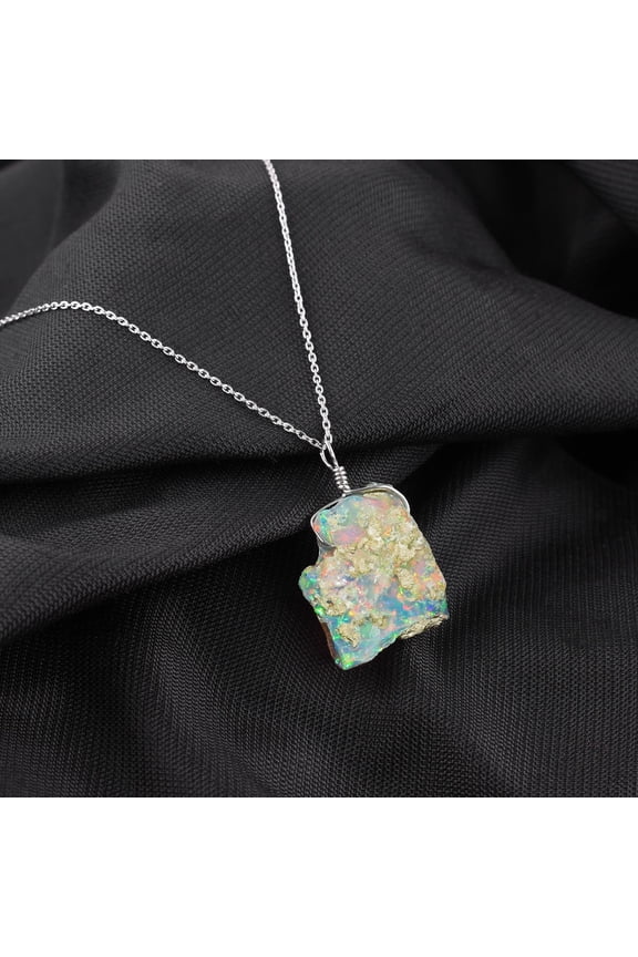 Natural Ultra Fire Raw Ethiopian Opal Stone Handmade Dainty Pendant Necklace For Women, Healing Chakra, Birthstone Jewelry, Rhodium Plated 925 Sterling Silver Chain 20 inch, Birthday Gift