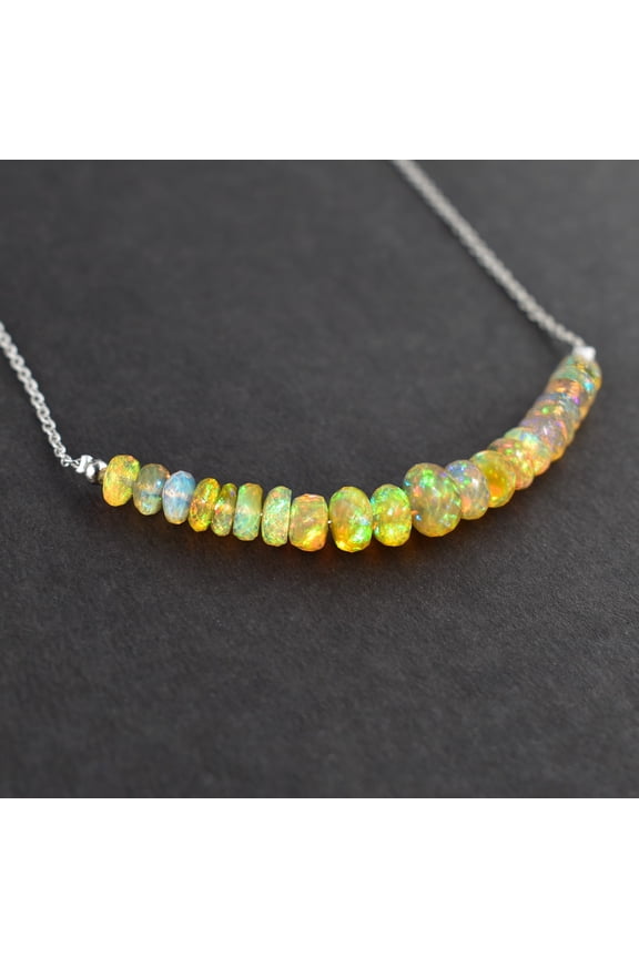Natural Welo Ethiopian Fire Opal Faceted Rondelles Gemstone Bar Necklace, Healing Crystals Stone, Birthstone, Rhodium Plated 925 Sterling Silver Chain 18 inch, Premium Gift for Women Jewelry