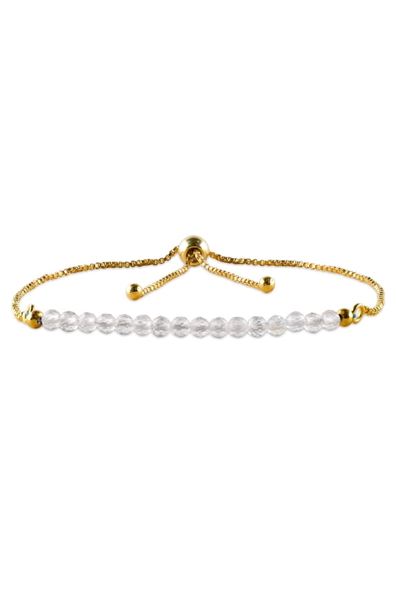 Natural White Topaz Micro Beaded Dainty Slider Bolo Bracelet, Handmade Jewelry for Women, Healing Chakra Crystals Birthstone Gift for Her, 14K Gold Plated Adjustable Chain 6-9 inch