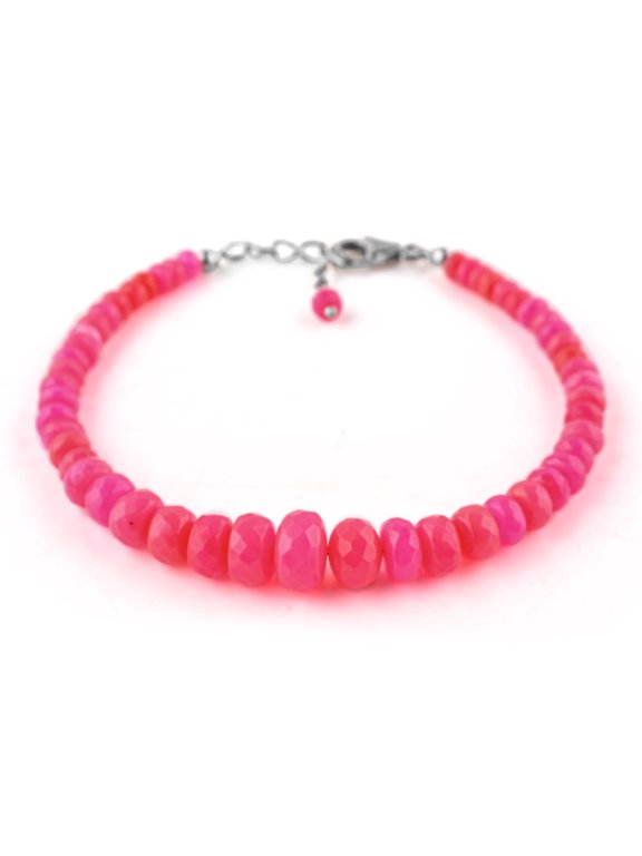Pink Ethiopian Opal Stone Full Beads Handmade Choker Bangle Bracelet For Women, Healing Chakra Crystal, October Birthstone, Rhodium Plated 925 Sterling Silver Chain 8", Birthday Gifts for Her