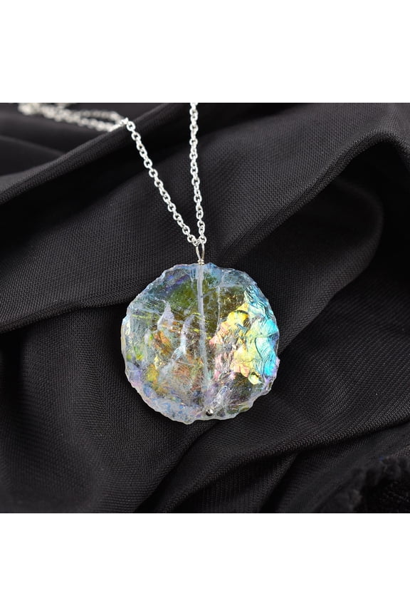 Raw Angel Aura Quartz Rough Coin Shape Gemstone Dainty Pendant Necklace, Healing Chakra Crystals, Handmade Birthstone Gift for Women, Silver Plated Chain 18 inch
