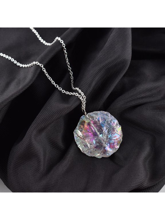 Raw Angel Aura Quartz Rough Coin Shape Gemstone Handmade Dainty Pendant Necklace, Healing Chakra Crystals, Birthstone Gift for Women, Silver Plated Chain 18 inch