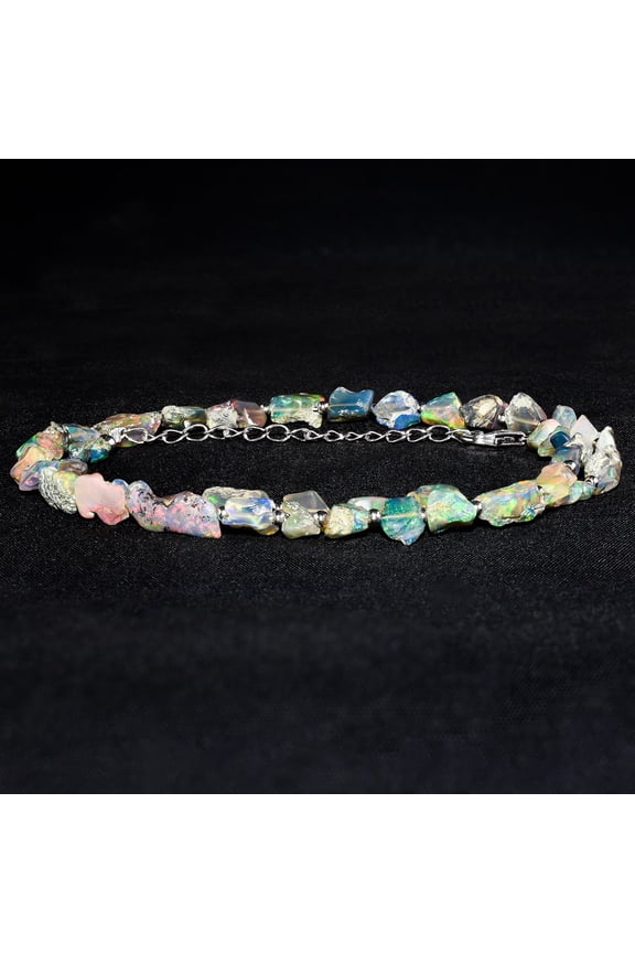 Raw Black Ethiopian Opal Gemstone Polished Tumble Beads Choker Necklace, Handmade Jewelry, Healing Crystals, October Birthstone Gift for Women, 925 Sterling Silver Adjustable Chain 18 inch