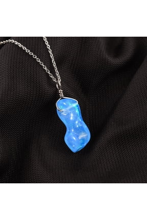 Raw Blue Organic Ethiopian Fire Opal Crystal Dainty Pendant Necklace for Women, Birthstone Healing Crystals, Rhodium Plated 925 Sterling Silver Chain 20" Handmade Jewelry, Birthday Gift
