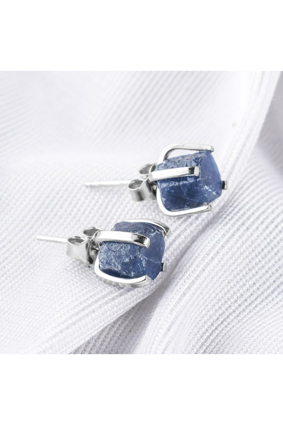 Raw Blue Sapphire Rough Crystal Stone 4-Prong Stud Earrings for Women, Birthstone Handmade Wedding Jewelry Gift for Brides, 925 Sterling Silver Stud Earrings, Wedding Gift for Her