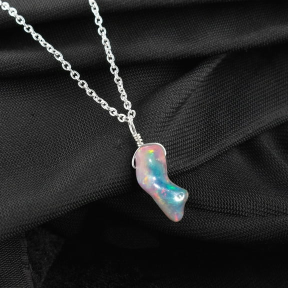 QNAVIC Raw Organic Black Ethiopian Opal Gemstone Rough Handmade Dainty Pendant Necklace, Healing Chakra Energy Crystals, October Birthstone Gift for Women, Silver Plated Chain 18 inch