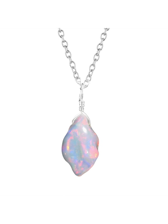 Raw Organic Ethiopian Fire Opal Gemstone Rough Handmade Dainty Pendant Necklace, Healing Chakra Crystals, October Birthstone Gift for Women, Silver Plated Chain 18 inch