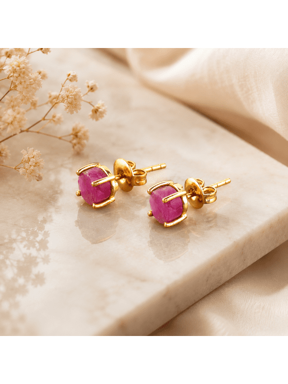 Raw Ruby Prong Stud Earrings, 14K Gold Plated Earrings Gift for Her