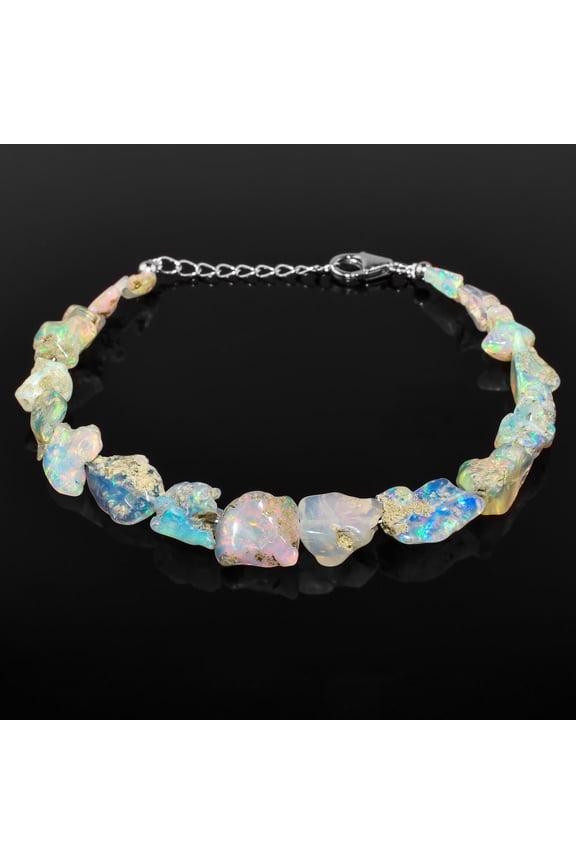 Raw Ultra Fire Polished Ethiopian Opal Stone Beads Dainty Bangle Handmade Bracelet For Women, Healing Crystal, Birthstone Jewelry, Rhodium Plated Sterling Silver Chain 8 Inch, Wedding Gifts