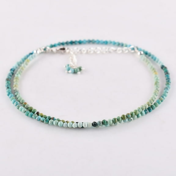 QNAVIC Real Shaded Blue Turquoise Gemstone Micro Round Beads Dainty Choker Necklace Jewelry for Women Healing Chakra Crystals Birthstone Birthday Gifts for Her Silver Plated Chain 18 inch