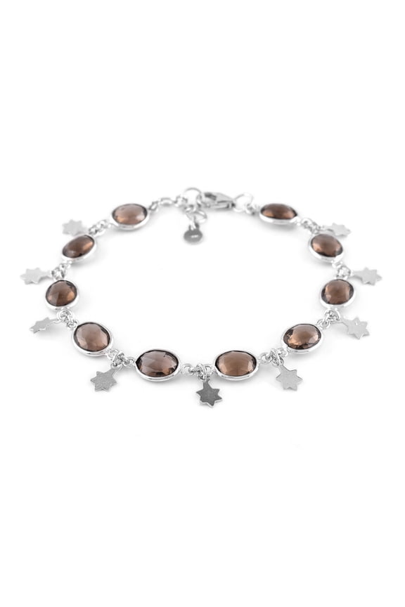 Smoky Quartz Cabochon Bezel Charm Bracelet For Women, Healing Chakra Crystal, October Birthstone, Rhodium Plated 925 Sterling Silver Handmade Dainty Bracelet, Gifts for Her