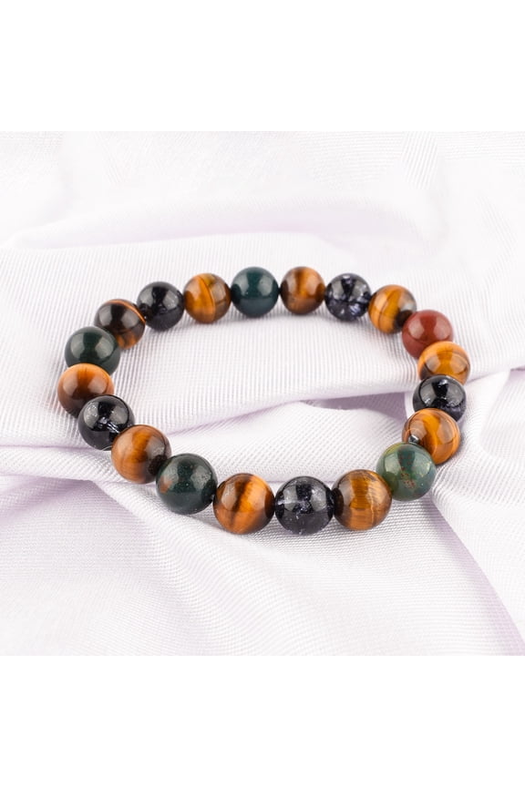 Triple Stone Physic Abilities Bracelet, Natural Tiger Eye Bloodstone Iolite Beads Handmade Stretch Bracelet For Unisex, Healing Chakra Energy Crystal, Metaphysical Bracelet
