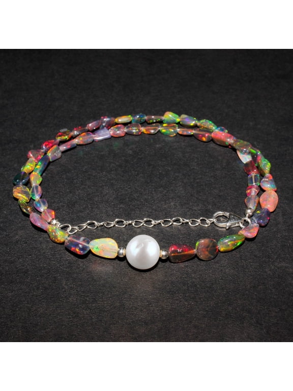 Ultra Fire Black Ethiopian Opal Stone Beads with Pearl Handmade Necklace For Women, Healing Crystal, Birthstone Jewelry, Rhodium Plated Sterling Silver Chain 18" Christmas Gifts