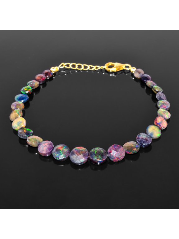 Ultra Fire Black Opal Coin Beads Dainty Bangle Bracelets, Natural Birthstone Jewelry, 14K Gold Plated Sterling Silver Chain 8 Inch, Healing Chakra Crystals Birthday Gifts for Women