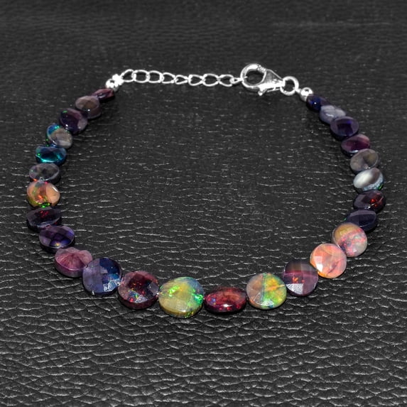QNAVIC Ultra Fire Black Opal Coin Beads Dainty Bangle Bracelets, Natural Birthstone Jewelry, Rhodium Plated Sterling Silver Chain 8 Inch, Premium Gifts for Women, Healing Chakra Crystals