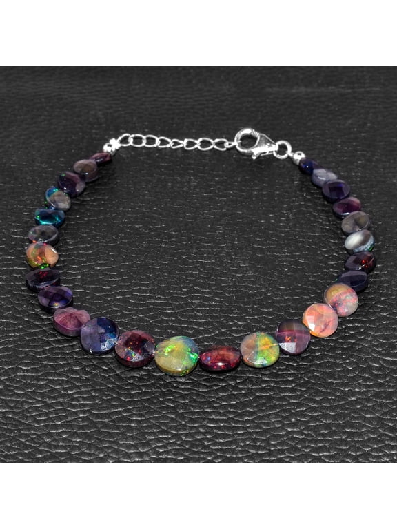 Ultra Fire Black Opal Coin Beads Dainty Bangle Bracelets, Natural Birthstone Jewelry, Rhodium Plated Sterling Silver Chain 8 Inch, Premium Gifts for Women, Healing Chakra Crystals