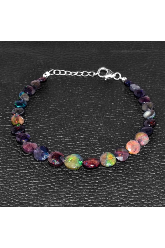 Ultra Fire Black Opal Coin Beads Dainty Bangle Bracelets, Natural Birthstone Jewelry, Rhodium Plated Sterling Silver Chain 8 Inch, Premium Gifts for Women, Healing Chakra Crystals