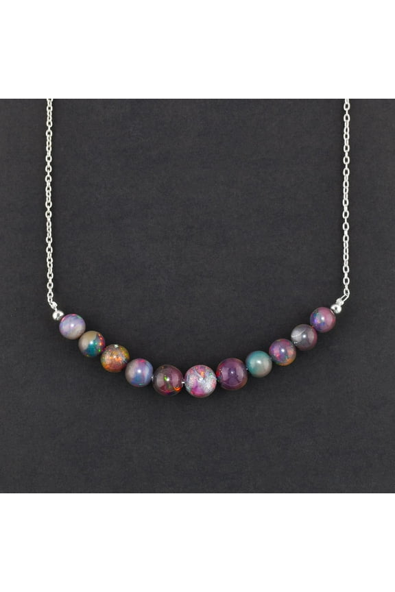 Ultra Fire Black Opal Round Beaded Bar Necklace for Women, Natural Gemstone, Healing Crystals Birthstone Jewelry, Rhodium Plated Sterling Silver 18 inch, Premium Birthday Gift for Her