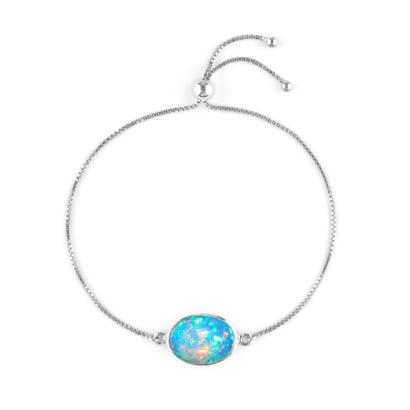 QNAVIC Ultra Fire Ethiopian Opal Gemstone Bolo Bracelet, 925 Sterling Silver, Bezel Oval Connector Jewelry, October Birthstone, Gift for Women, Bridesmaid Bracelet, Adjustable Slider Chain