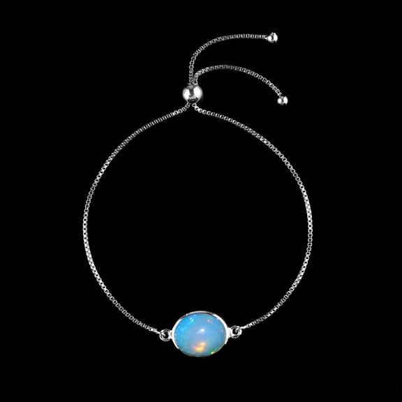 QNAVIC Ultra Fire Ethiopian Opal Gemstone Bolo Bracelet, 925 Sterling Silver, Bezel Oval Connector Jewelry, October Birthstone, Gift for Women, Bridesmaid Bracelet, Adjustable Slider Chain