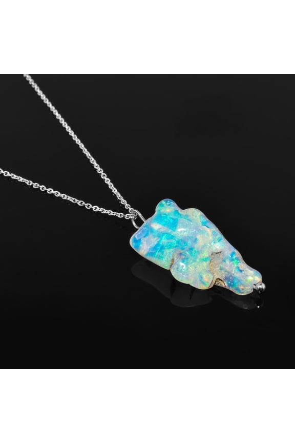 Ultra Fire Polished Raw Ethiopian Opal Stone Handmade Dainty Pendant Necklace For Women, Healing Chakra, Birthstone Jewelry, Rhodium Plated 925 Sterling Silver Chain 20 inch, Wedding Gift