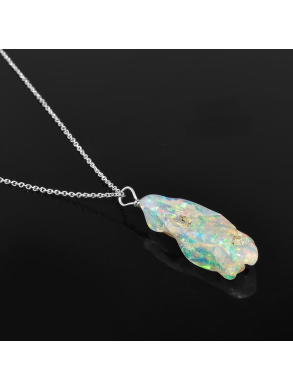 Polished Raw Ethiopian Opal Gemstone Necklace for Women, 925 Sterling Silver, Raw Rough-shape Multi Stone, 4 to 6 Carats, Size Approx 10 to 20mm, Handmade Healing Crystal Pendant Gift