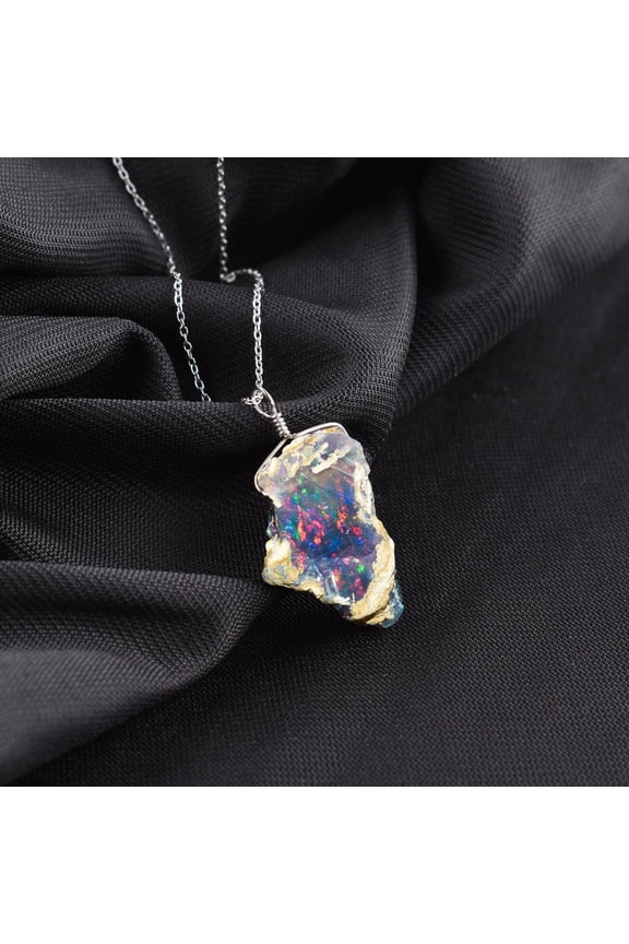 Ultra Fire Raw Black Ethiopian Opal Gemstone Dainty Pendant Necklace, Handmade Jewelry, Birthday Gift for Women, Healing Crystals, Birthstone, 925 Sterling Silver Chain 20 inch