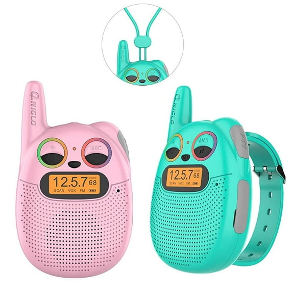 QNIGLO Rechargeable Kids Walkie Talkies,Flashing Eyes & FM Radio 2-Mile Range, 22 Channels, Wearable Watch Band for Girls & Boys 3-12, Pink Christmas Birthday Gifts for Outdoor Camping
