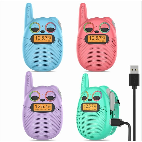 QNIGLO Rechargeable Kids Walkie Talkies,Flashing Eyes & FM Radio 2-Mile Range, 22 Channels, Wearable Watch Band for Girls & Boys 3-12, Pink Christmas Birthday Gifts for Outdoor Camping