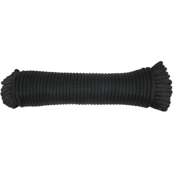 QNR 3/16" Black Polyester Rope, Solid Braid Dacron Utility Rope, 100 ft Length, Low Stretch UV Resistant Industrial Cord