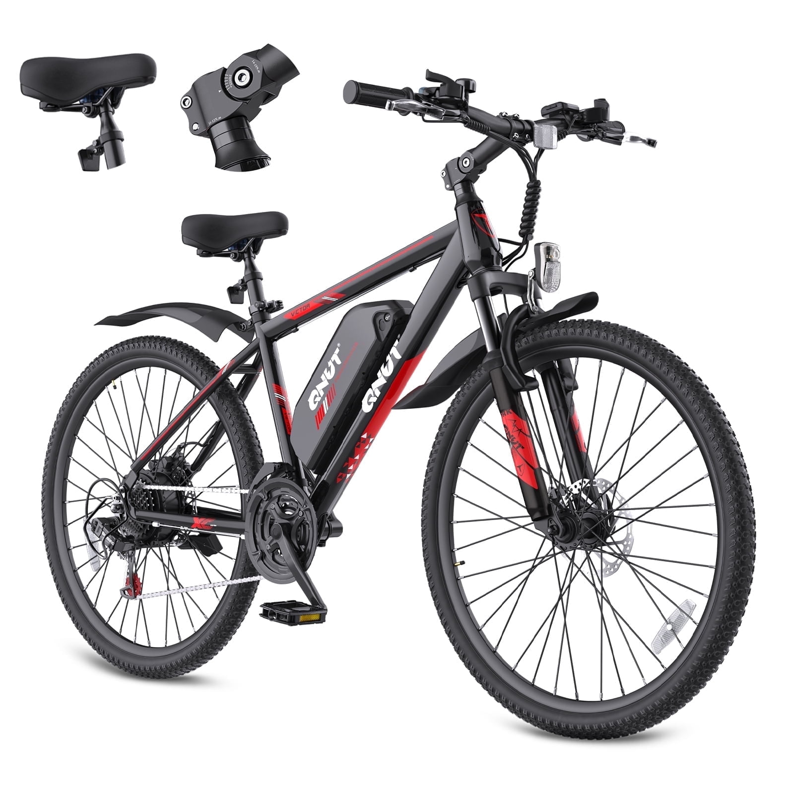 QNUT Full Aluminum Electric Bike for Adults & Teens, Peak 750W, Upgraded Adjustable Handlebars, 21-Speed Commuter E-Bike with Dual Disc Brakes, 40-Mile Range, for mountain & Commuter (Black-Red)