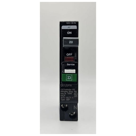QO120PAF (New Version of QO120PCAFI) Circuit Breaker, QO, 20 AMPS, 1 Pole, 120VAC, 10kA, Combo arc Fault, Plug on Neutral, Plug in Mount, UL Listed