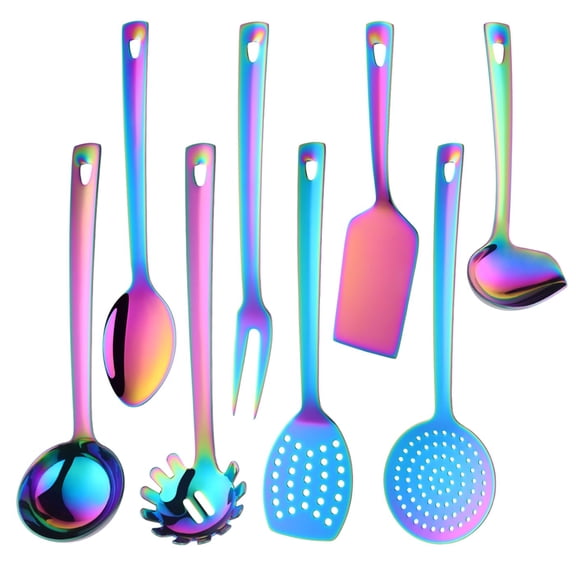QOBIMOON Stainless Steel Kitchen Utensil Set -8 Cooking Utensils, Colorful Titanium Plated Set Kitchen Tools Gadgets Cake Shovels/Plain Spatula, Potato Masher, Spoon, Slotted Spoon-Rainbow Color Y101