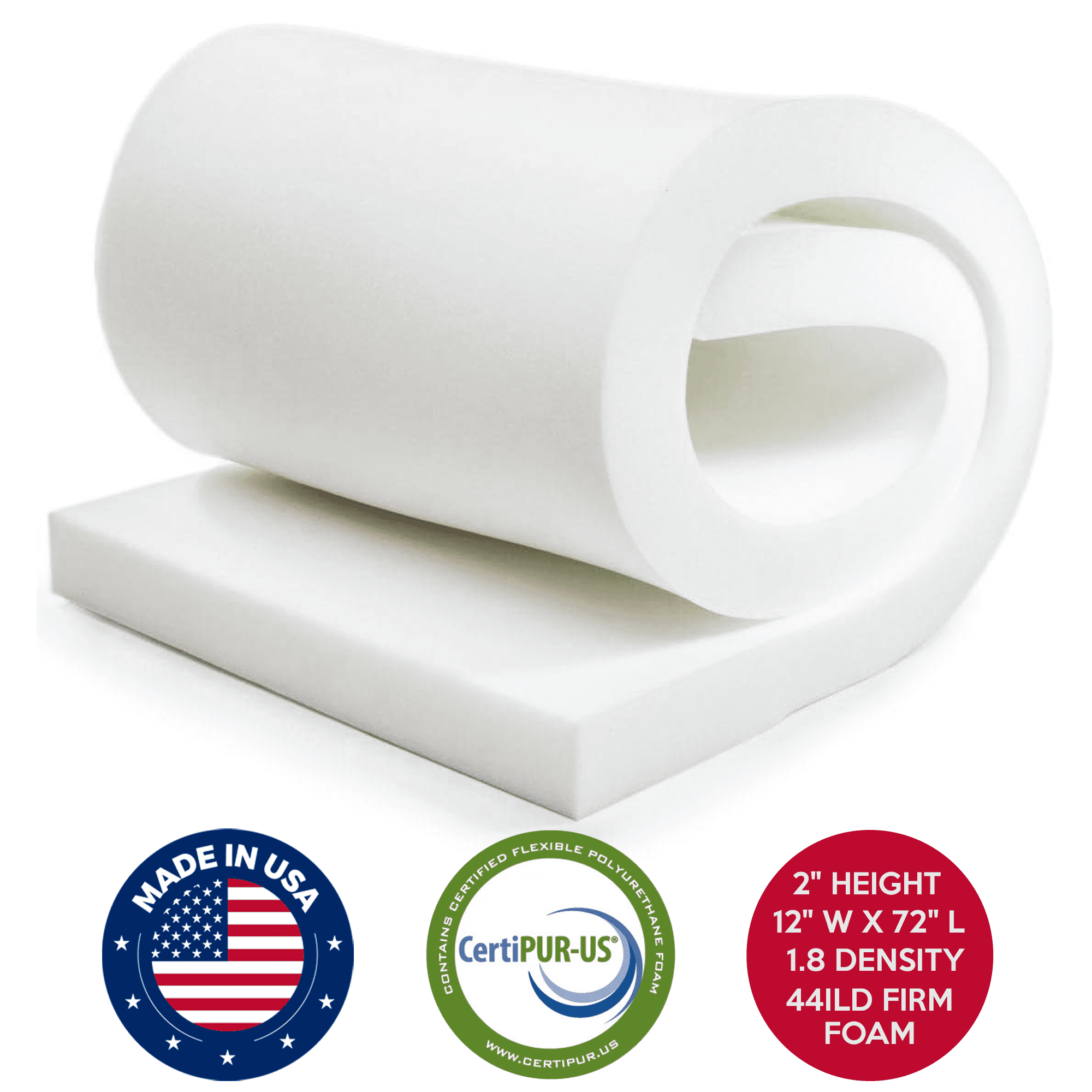 QOMFY 2" Height x 12" Width x 72" Length 1.8 Density 44ILD Firm Upholstery Foam Cushion Made in USA