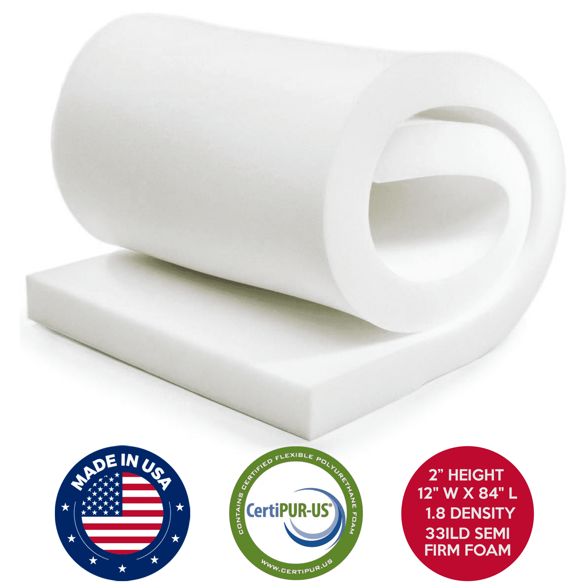 QOMFY 2in H x 12in W x 84in L 1.8 Density 33ILD Semi-Firm Upholstery Foam Cushion