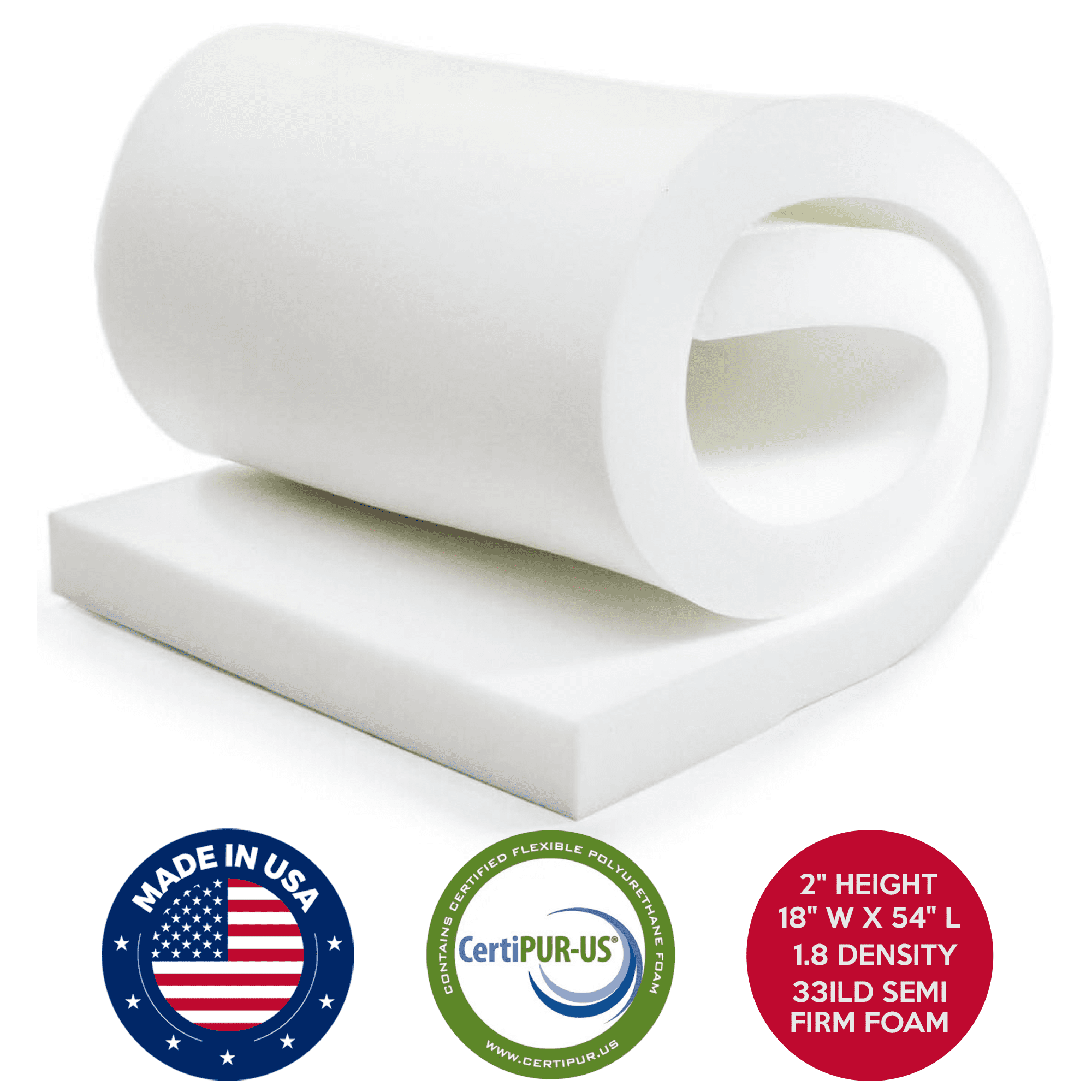 QOMFY 2in H x 18in W x 54in L 1.8 Density 33ILD Square Semi-Firm Upholstery Foam Cushion