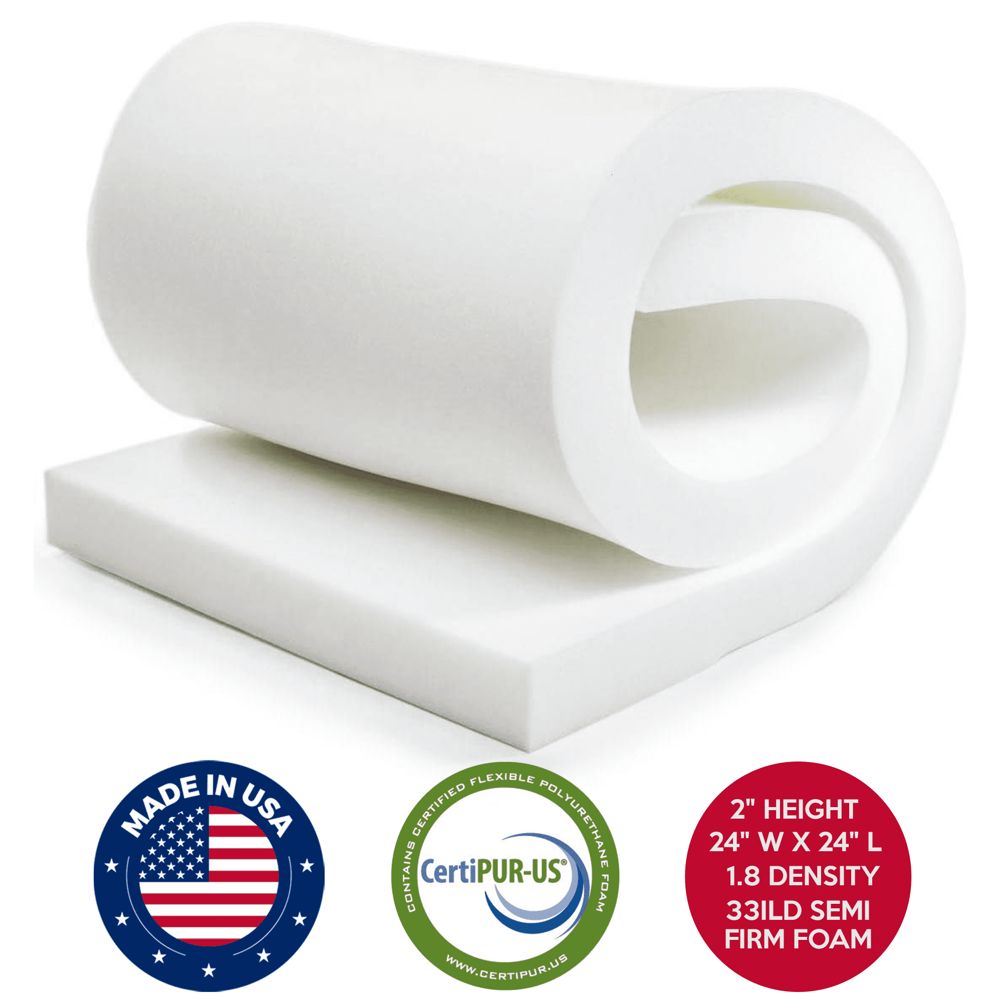 QOMFY 2" Height x 24" Width x 24" Length 1.8 Density 33ILD Semi-Firm Square Upholstery Foam Cushion Made in USA - Perfect for Chairs, Sofas, Headboards, Packaging, Crafts and DIY Projects.
