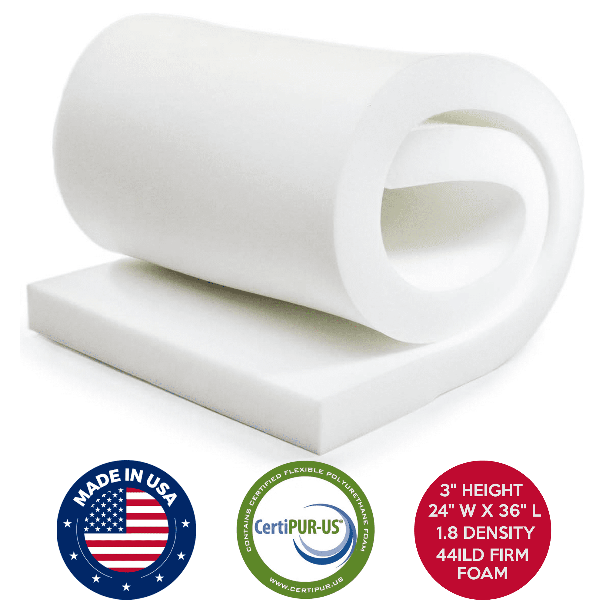 QOMFY 3 in H x 24 in W x 36 in L High Density Upholstery Foam Cushion 1.8 Density 44ILD, Couch Cushion Replacement