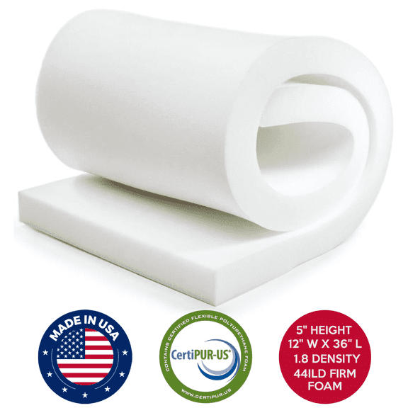 QOMFY 5" Height x 12" Width x 36" Length 1.8 Density 44ILD Firm Upholstery Foam Cushion Made in USA