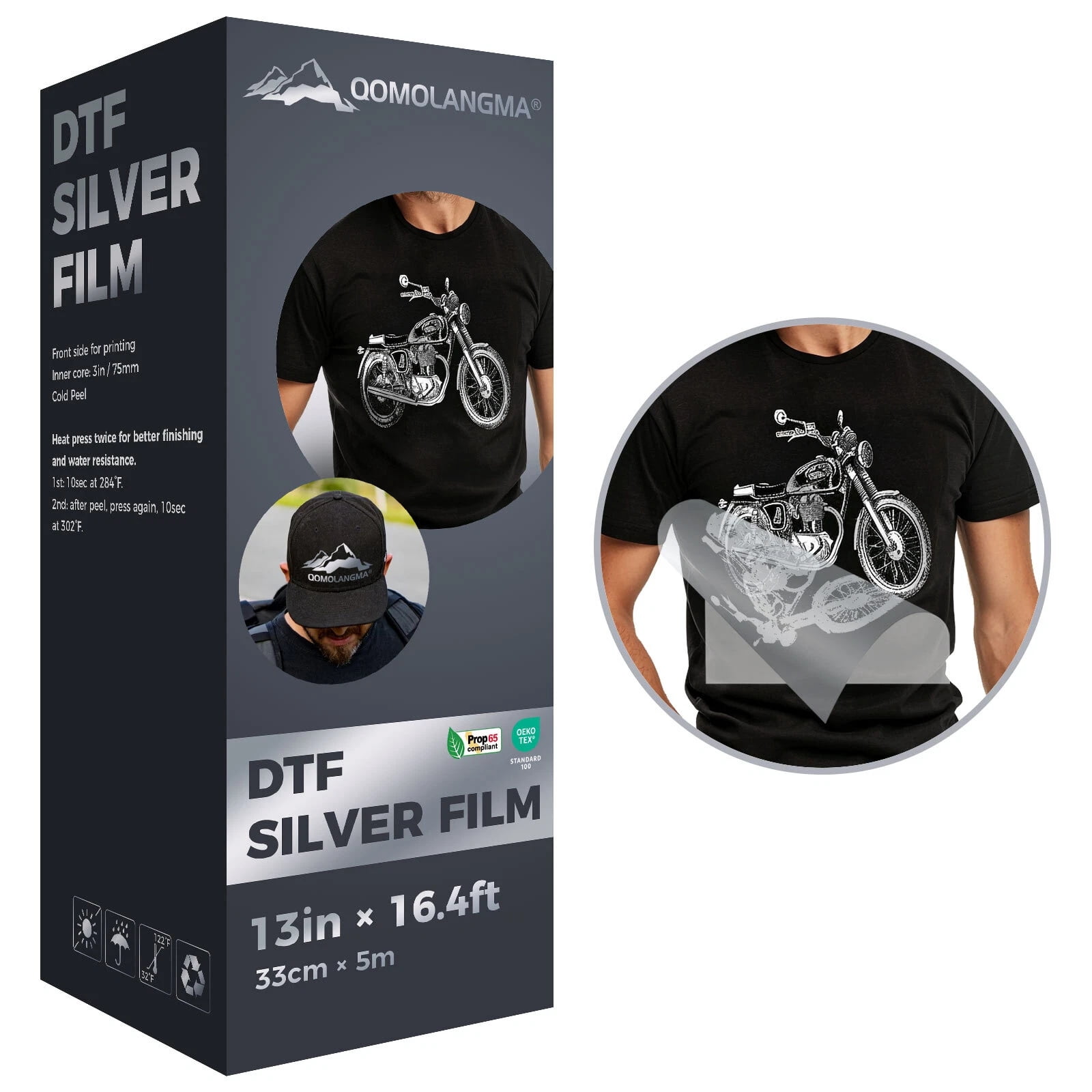 QOMOLANGMA 13in x 16.4ft/33cm x 5m DTF Silver Foil Film Roll,Cold Peel ...