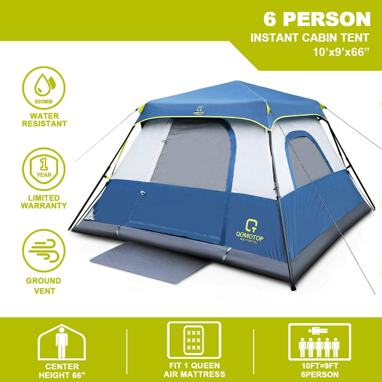 4-6 Person Inflatable Cabin Camping Tent with Canopy, Picnic Blanket -  Waterproof, Easy Setup