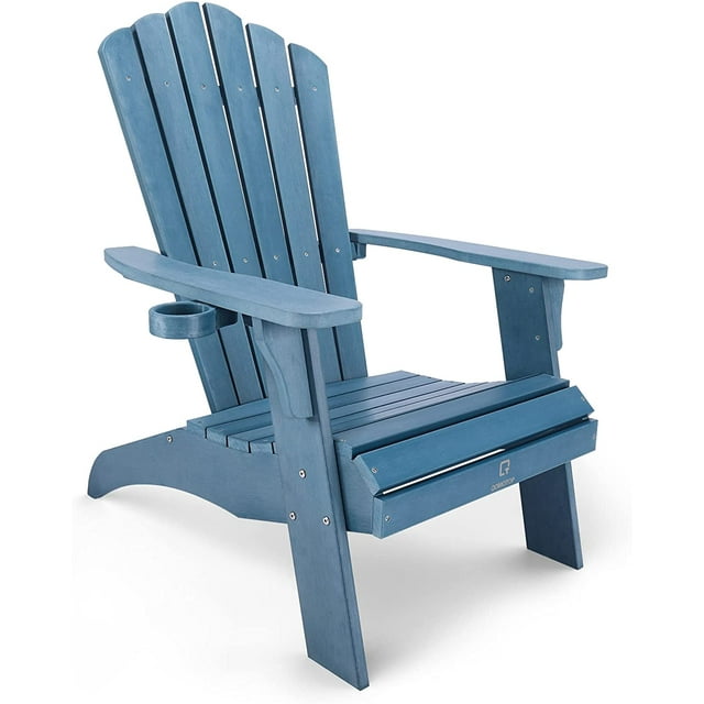 QOMOTOP Oversized Poly Lumber Adirondack Chair with Cup Holder, All-Weather Chair for Fire Pit & Garden,Fade-Resistant Lounge Chair with 350lbs Duty Rating, 38L 30.25W 41.5H (Blue)
