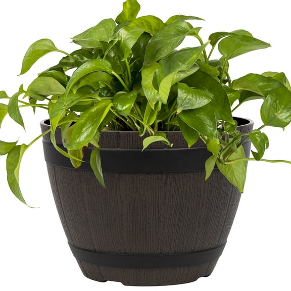 QOOCRU 11" x 8" Round Brown Plastic Whiskey Barrel Planter with Drainage Holes Garden Flower Pot