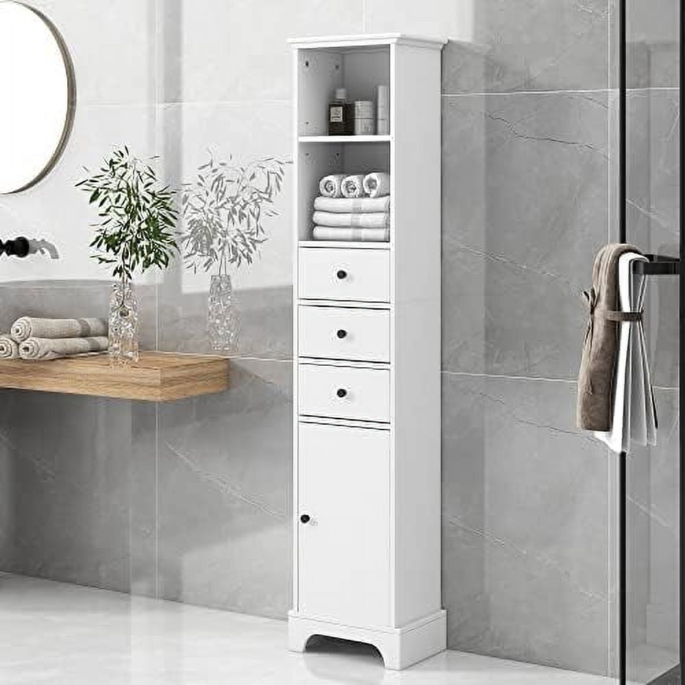 QOPEYTO Bathroom Cabinet Freestanding Cabinets with 3 Drawers & Adjustable Narrow Tall Cupboard ...
