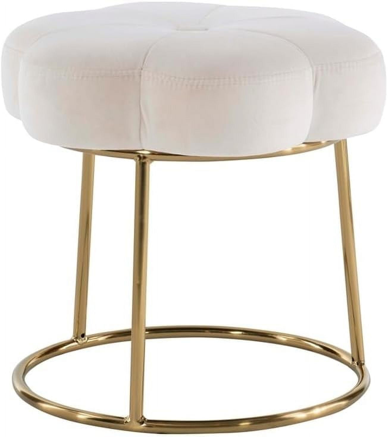 Boho Luxe White Velvet Floral Vanity Stool with Gold Base