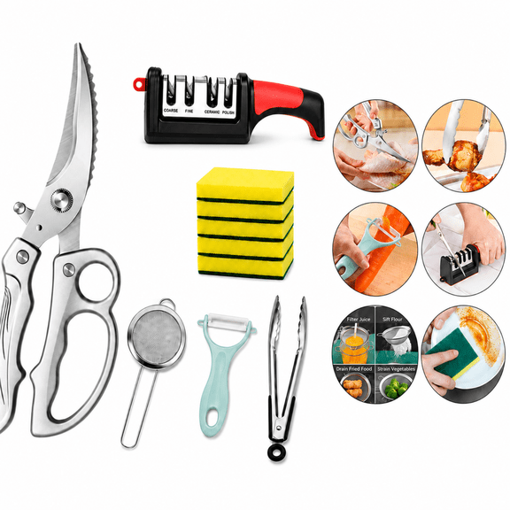 QOPR 10PCS Kitchen Shears Kitchen Scissors Set, Heavy Duty Poultry Shears, Kitchen Scissors for Food with Sharpener, Peeler, Tongs, Strainer & Cleaning Sponges