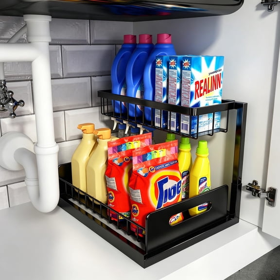 QOPR 2 Tier Under Sink Organizer, 1 pack Pull Out Cabinet Storage Shelf for Kitchen Bathroom Pantry and Laundry Room