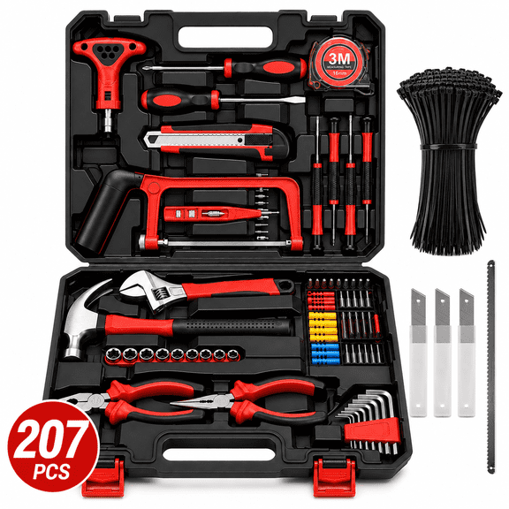 QOPR 207-Piece Home Tool Kit with Portable Case, Household Repair Set with Hammer, Wrench, Screwdrivers & Cable Ties