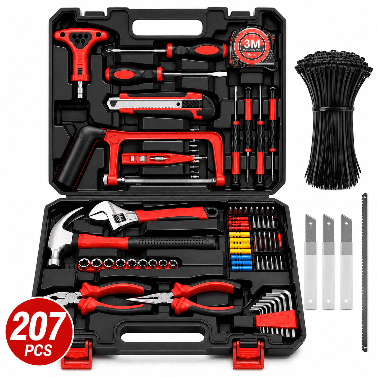 QOPR Kit de herramientas para el hogar de 207 piezas con estuche portátil, set de reparación para el hogar con martillo, llave, destornilladores y bridas