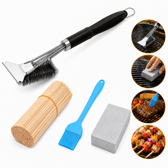 QOPR 503PCS BBQ Accessories Set with Grill Brush, 500 Bamboo Skewers, Silicone Basting Brush & Grill Cleaning Brick for Outdoor Cooking